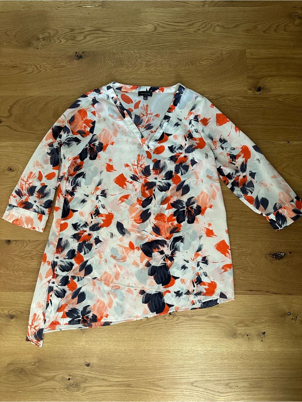 The Limited White Floral V-Neck Tunic with Orange & Navy Accents